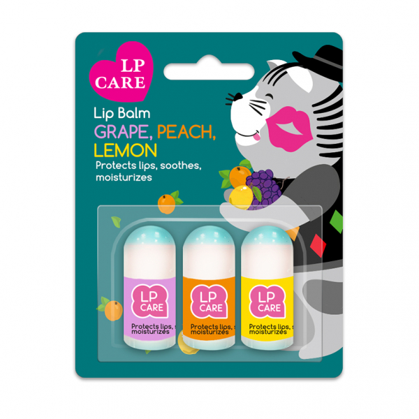 Бальзам для губ `LP CARE` (виноград, персик, лимон) 2,5×3 шт